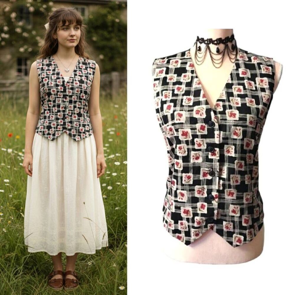 VTG 90s Black Red Floral Checkered Cottagecore Button Front Vest Small